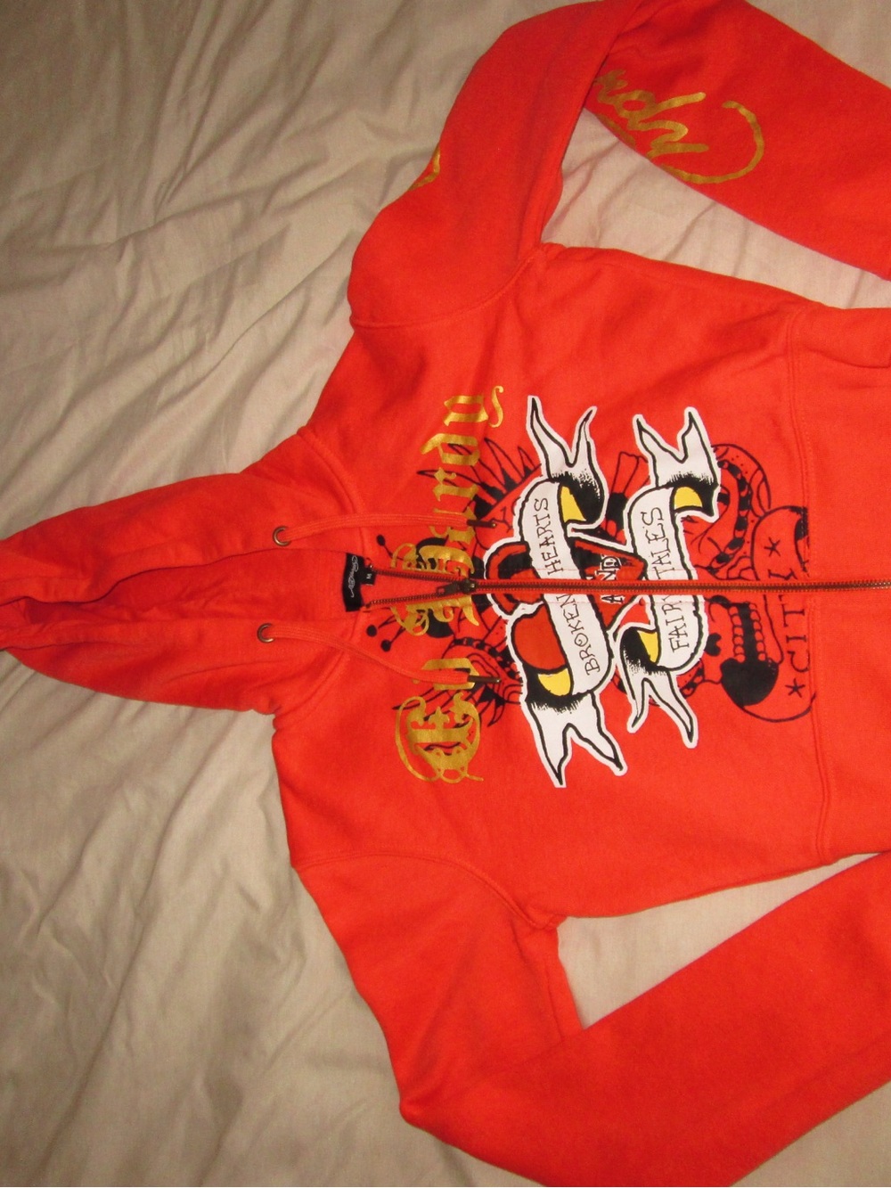 Ed Hardy Orange Graphic Zip-Up Hoodie and Shorts Set - Picture 3 of 5